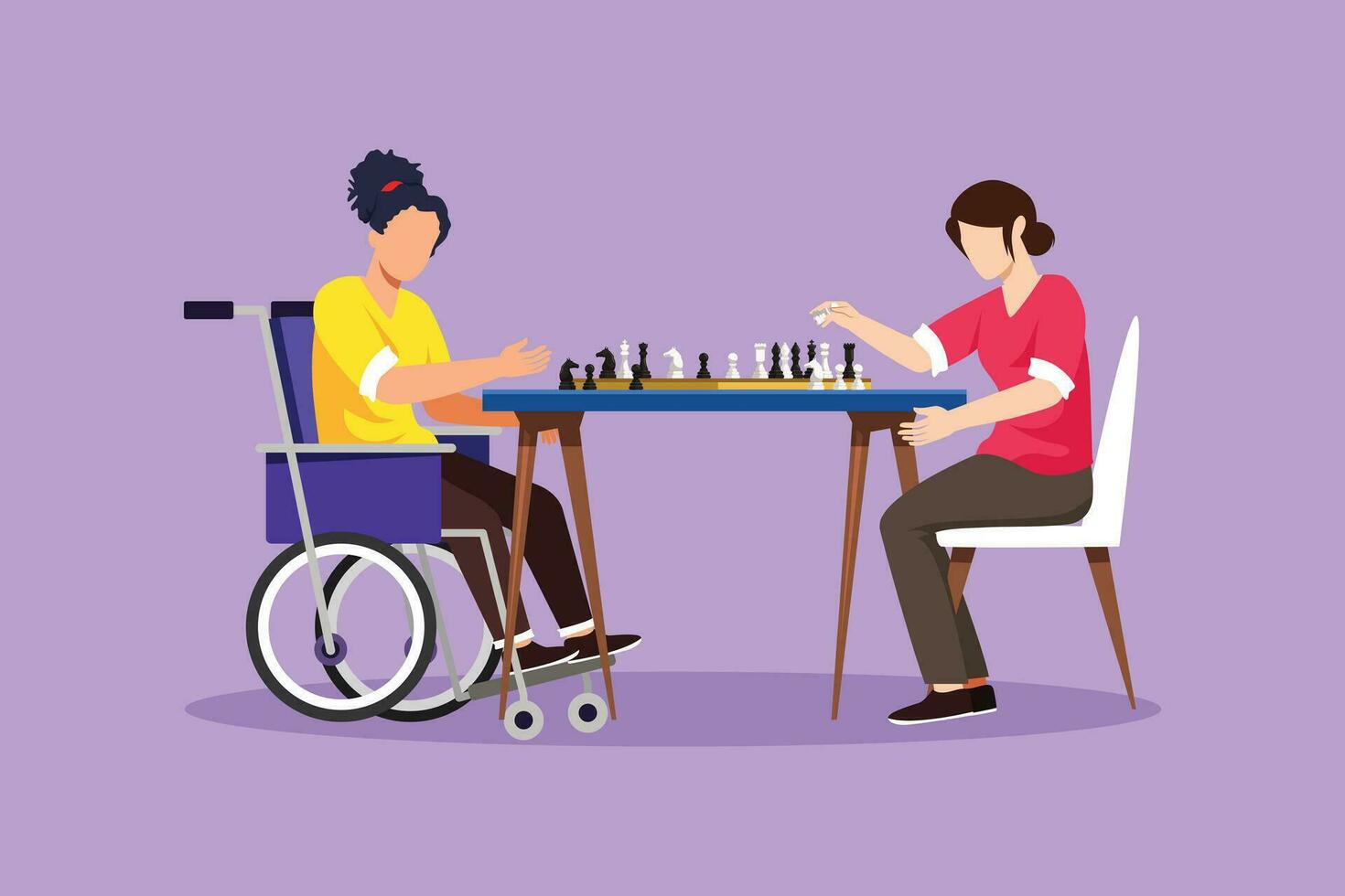 Cartoon flat style drawing disabled woman in wheelchair plays chess with friend. People on social adaptation, hobby, tolerance, inclusive, accessibility, diversity. Graphic design vector illustration