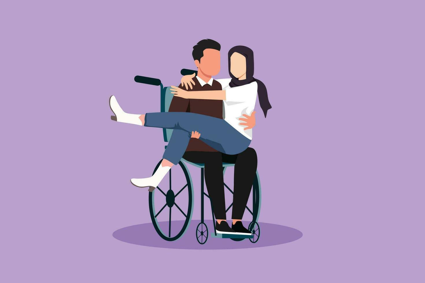 Cartoon flat style drawing disabled Arabian man carrying beautiful woman in wheelchair. Happy couple at wedding celebration. Male with special needs in wheelchair. Graphic design vector illustration