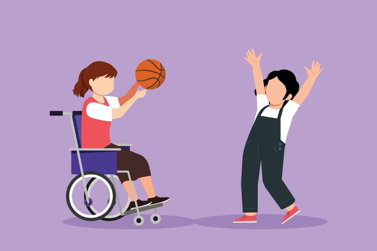 Cartoon flat style drawing of happy lifestyle of disabled people concept. Little girl in wheelchair playing ball with female friend outdoors living active lifestyle. Graphic design vector illustration