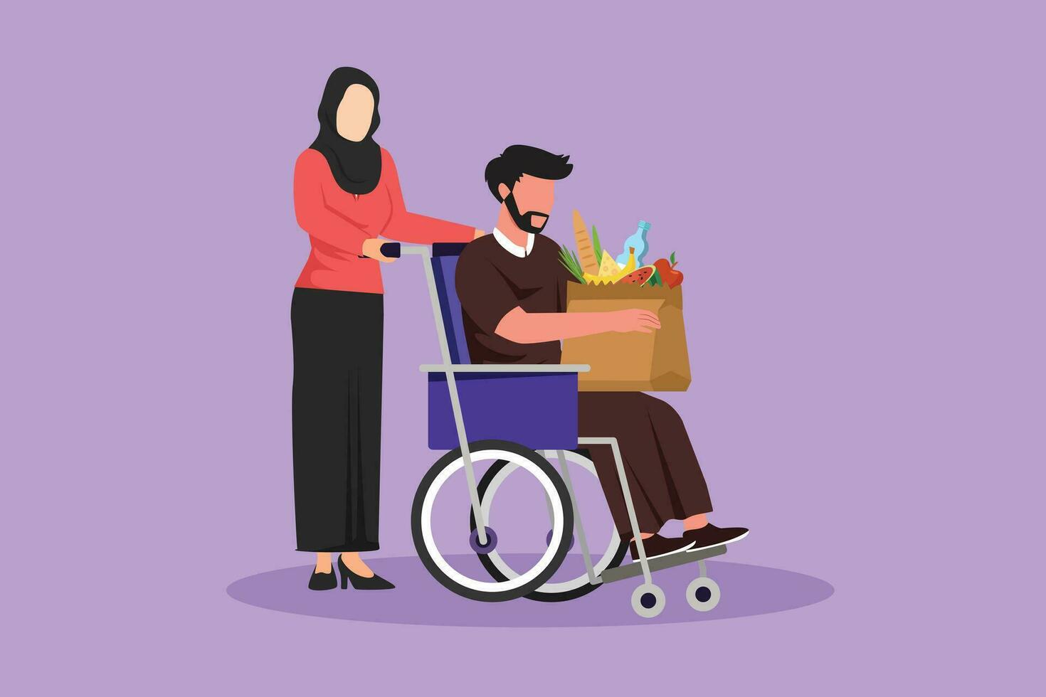 Cartoon flat style drawing social worker helping old man on wheelchair with grocery bag. Arab female volunteer caring, walking with disabled senior male to shopping. Graphic design vector illustration