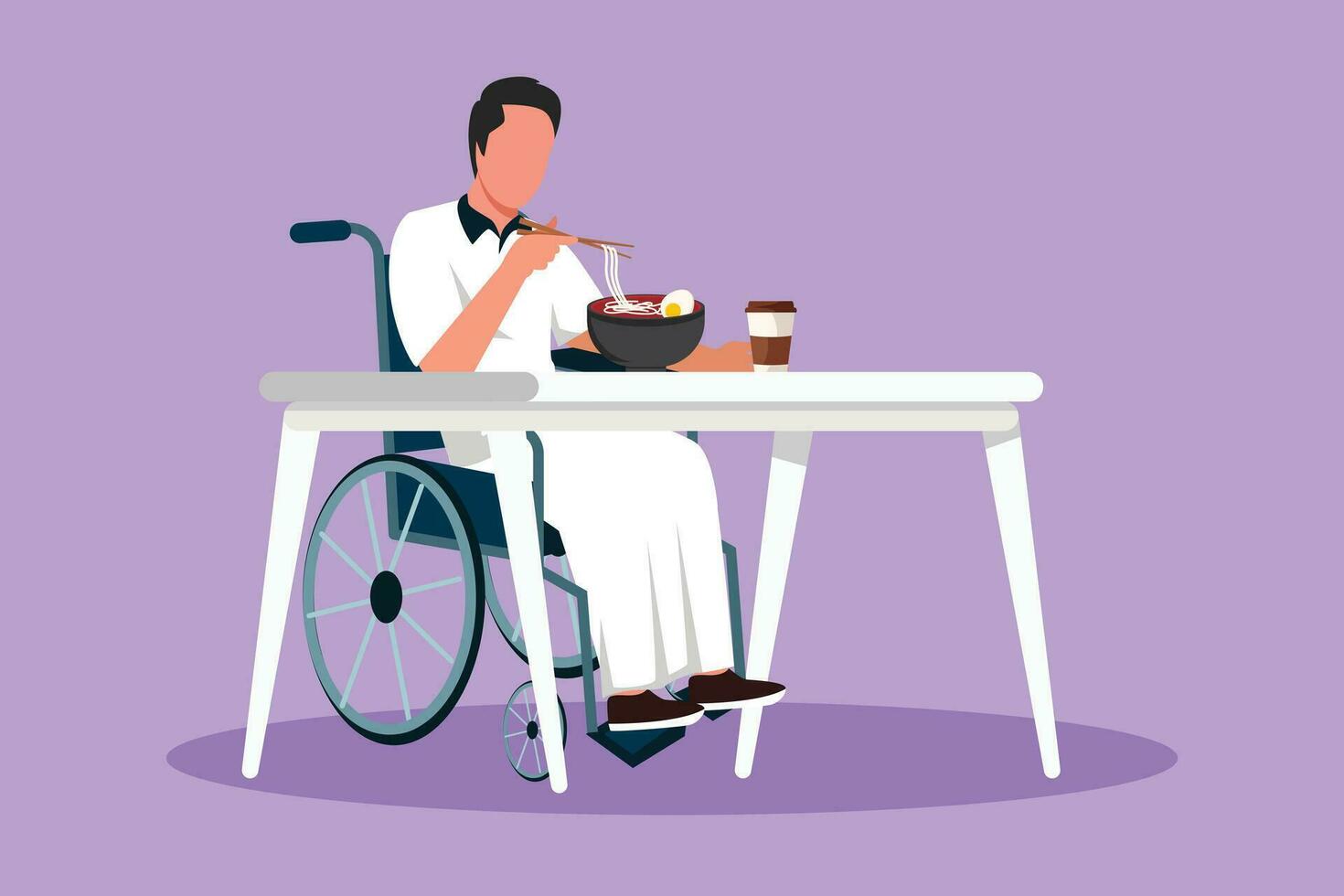 Character flat drawing of young Arabian male wheelchair user eating ramen or noodles food sitting at table. Having lunch, snack in cafe. Society and disabled people. Cartoon design vector illustration