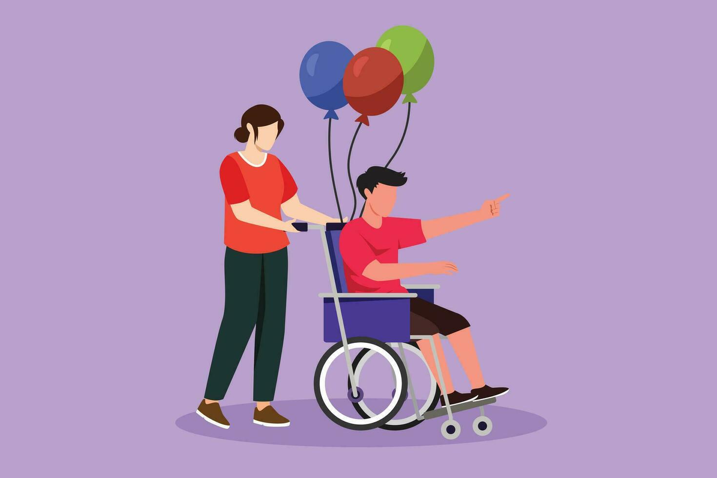 Cartoon flat style drawing disability people scene concept. Woman carries disabled man in wheelchair. Accessibility rehabilitation invalid person, people activities. Graphic design vector illustration
