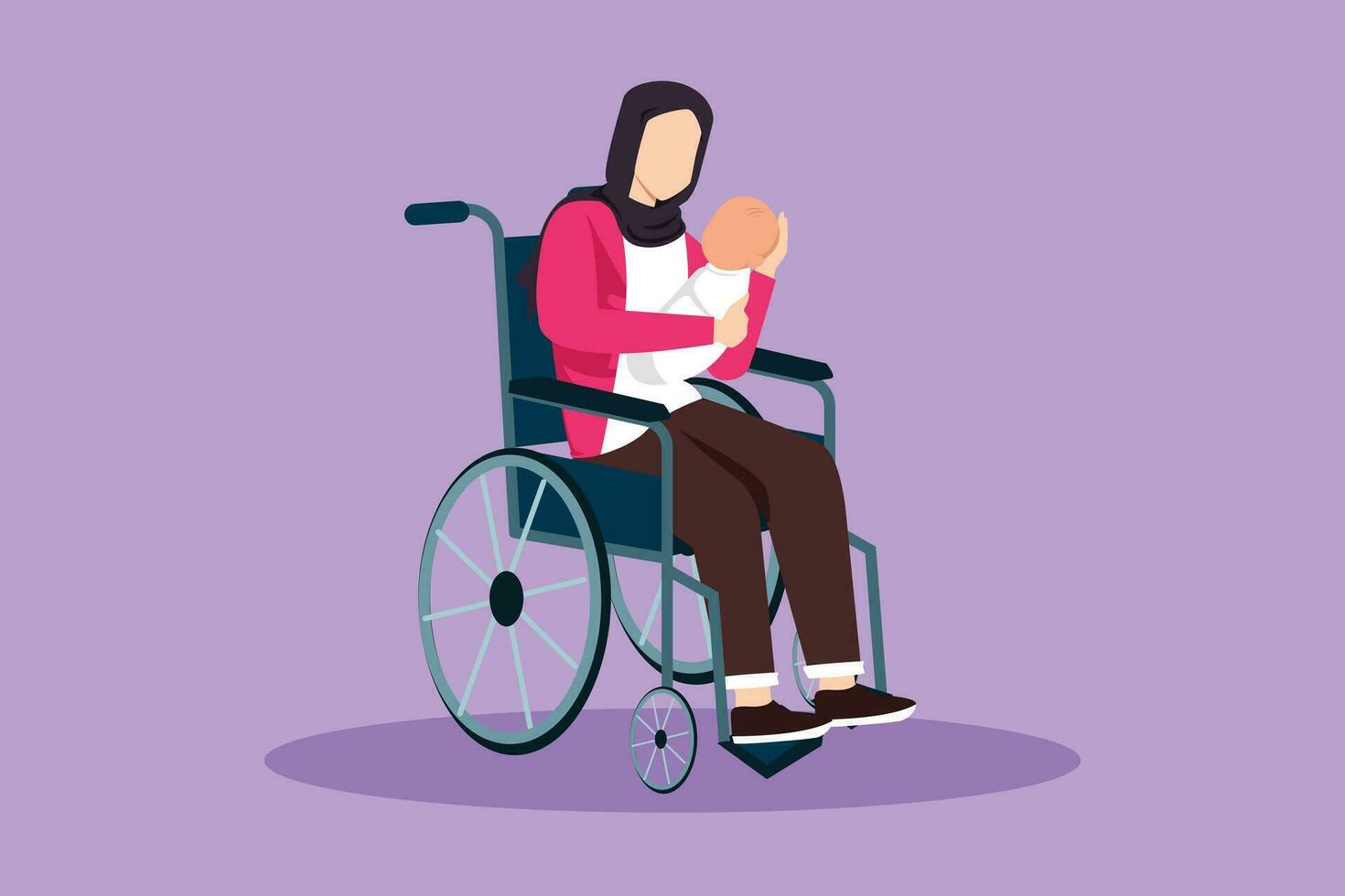 Graphic flat design drawing parents with newborn baby. Arabian woman hold baby, sitting in wheelchair. Disabled woman holding baby in her arms. Family love concept. Cartoon style vector illustration