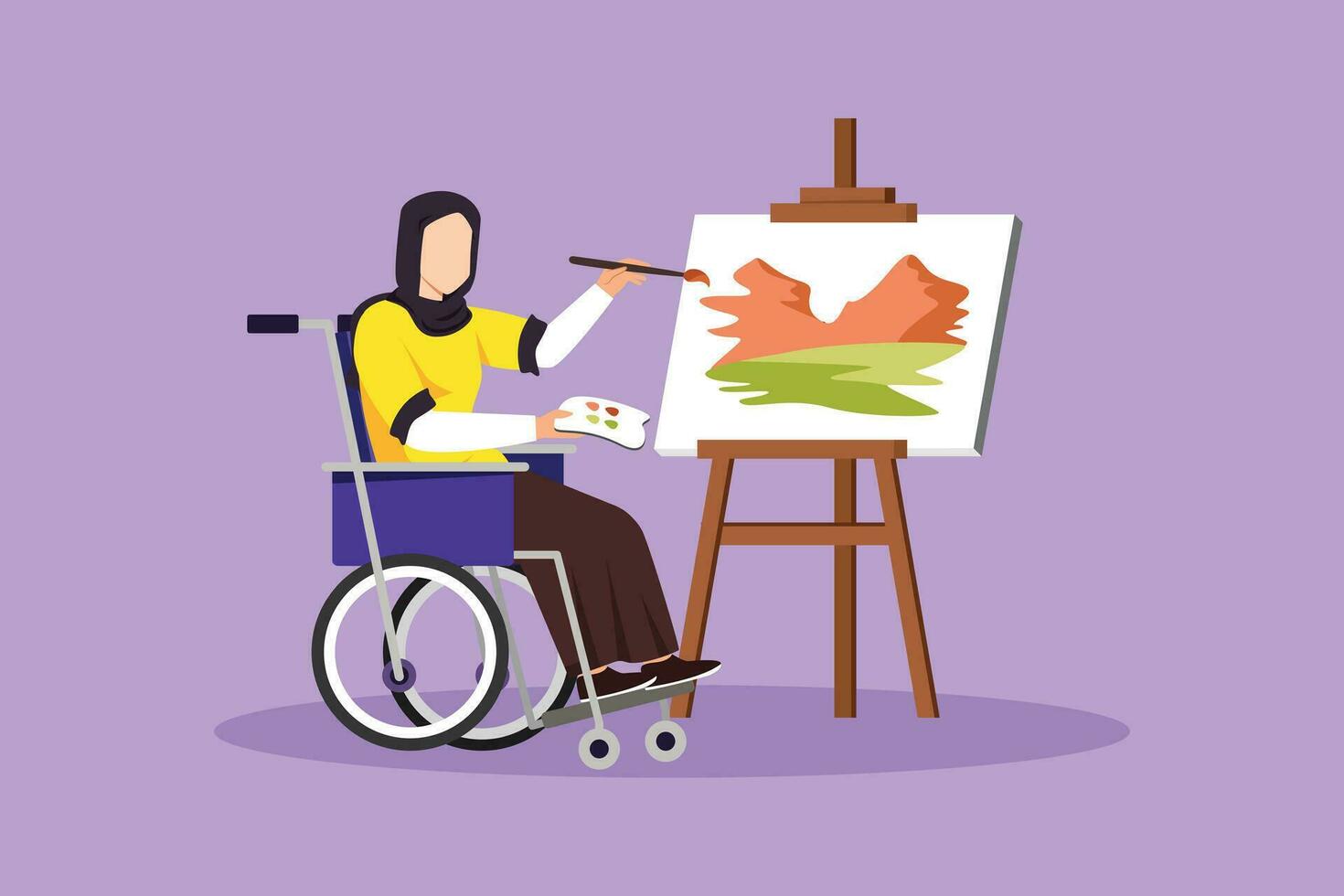 Graphic flat design drawing disabled Arabian woman in wheelchair painting landscape on canvas. Rehabilitation physiotherapy treatment. Physical disability activity. Cartoon style vector illustration