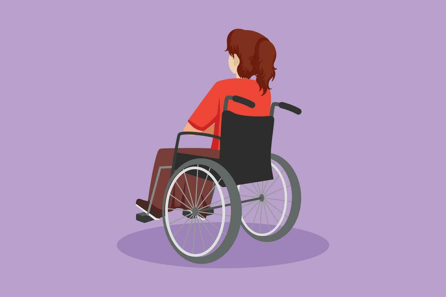 Graphic flat design drawing back view of lonely old woman sitting on wheelchair, looking at distant dry autumn leaves in outside. Lonely, forlorn, desolate, lonesome. Cartoon style vector illustration