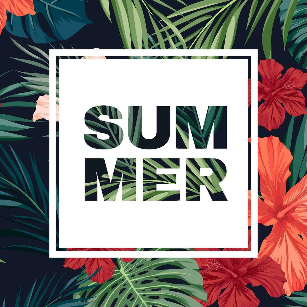 Summer tropical design with monstera palm leaves, hibiscus flowers. vector