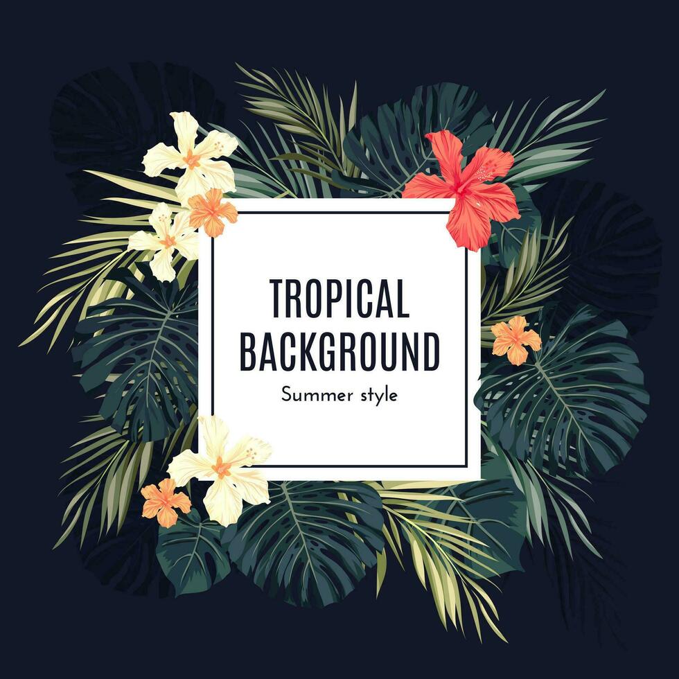 Summer tropical background with monstera palm leaves, hibiscus flowers and copy space. vector