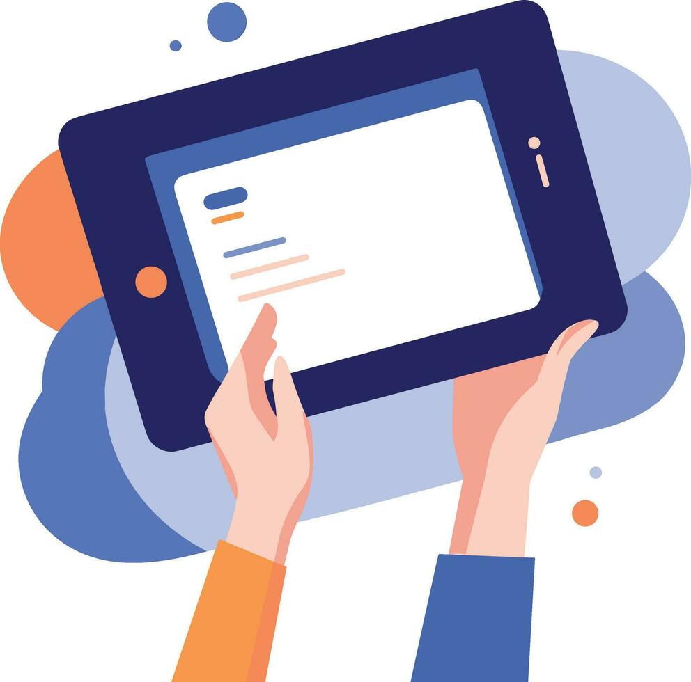 hand holding tablet in UX UI flat style vector