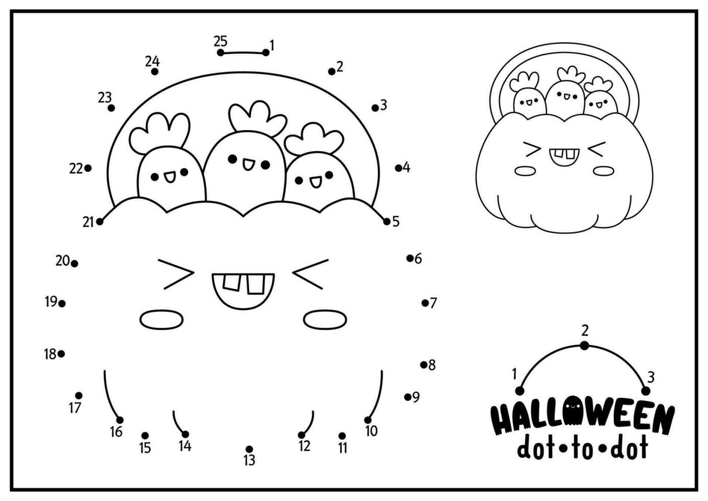 Vector Halloween dot-to-dot and color activity with cute kawaii pumpkin bag and sweets. Autumn holiday connect the dots game for children. All saints day coloring page for kids