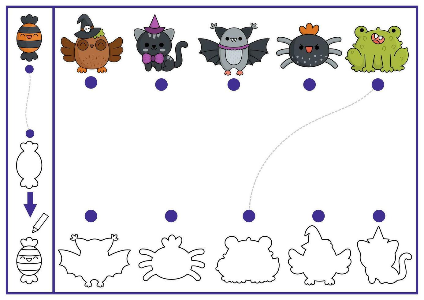 Halloween shape matching, coloring and drawing activity. Autumn holiday puzzle with cute kawaii owl, bat, cat, frog, spider. Find correct silhouette printable worksheet. All saints day page for kids vector