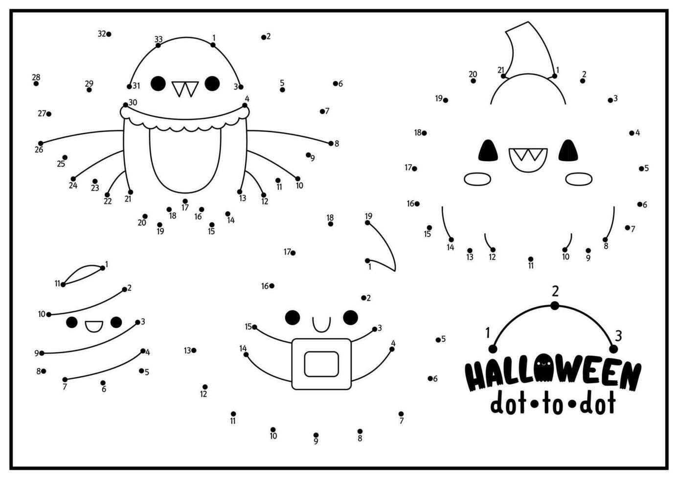 Vector Halloween dot to dot and color activity with cute kawaii
