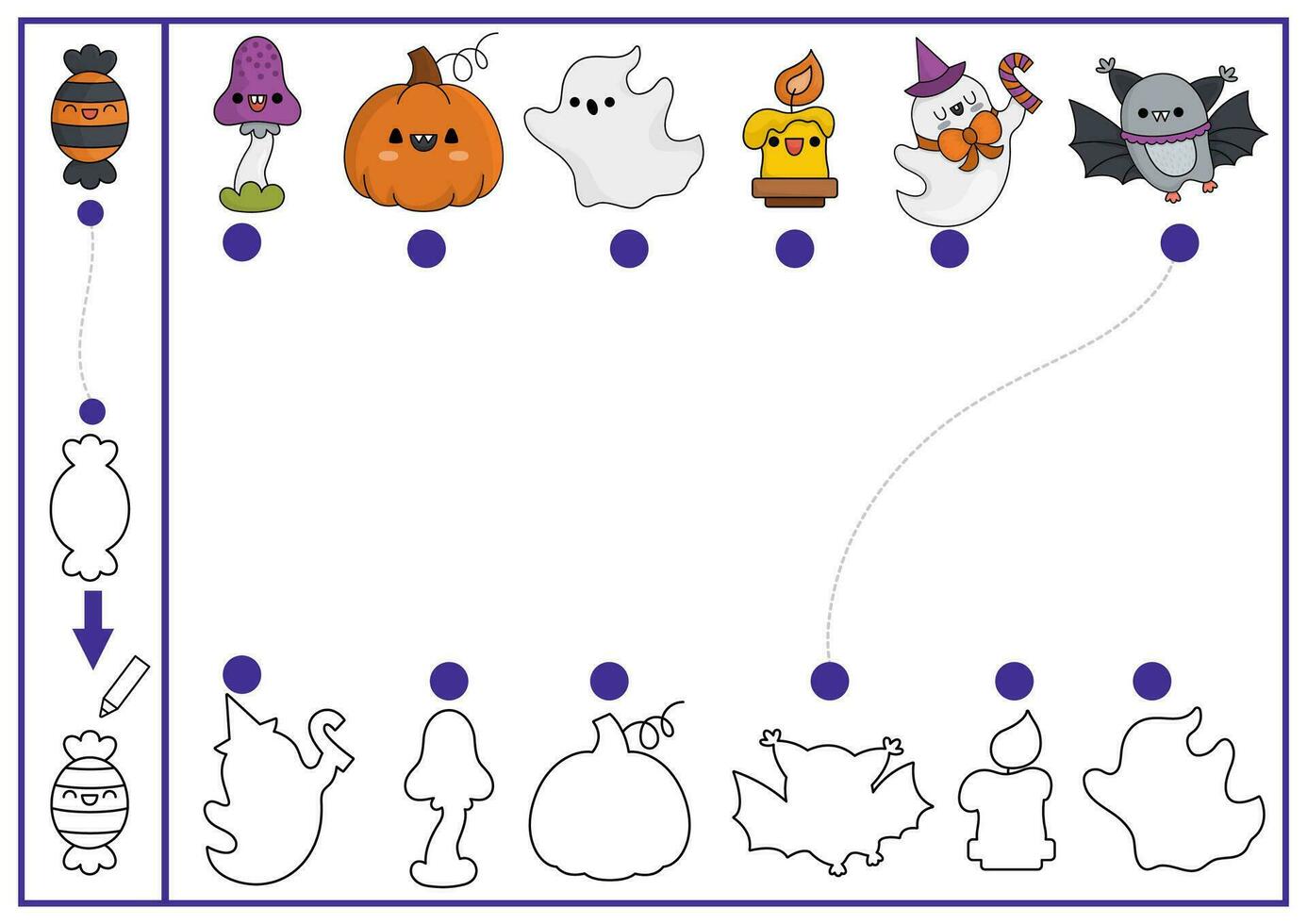 Halloween shape matching, coloring and drawing activity. Autumn holiday puzzle with cute kawaii ghost, pumpkin, bat. Find correct silhouette printable worksheet. All saints day page for kids vector