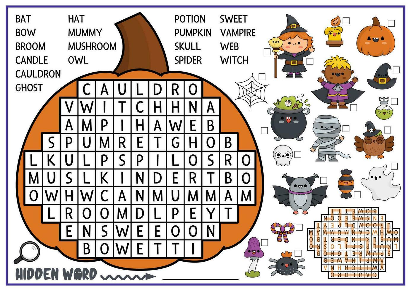 Vector Halloween pumpkin shaped word search puzzle for kids. Autumn holiday quiz for children. Educational activity with kawaii symbols. Cute All saints day English language cross word