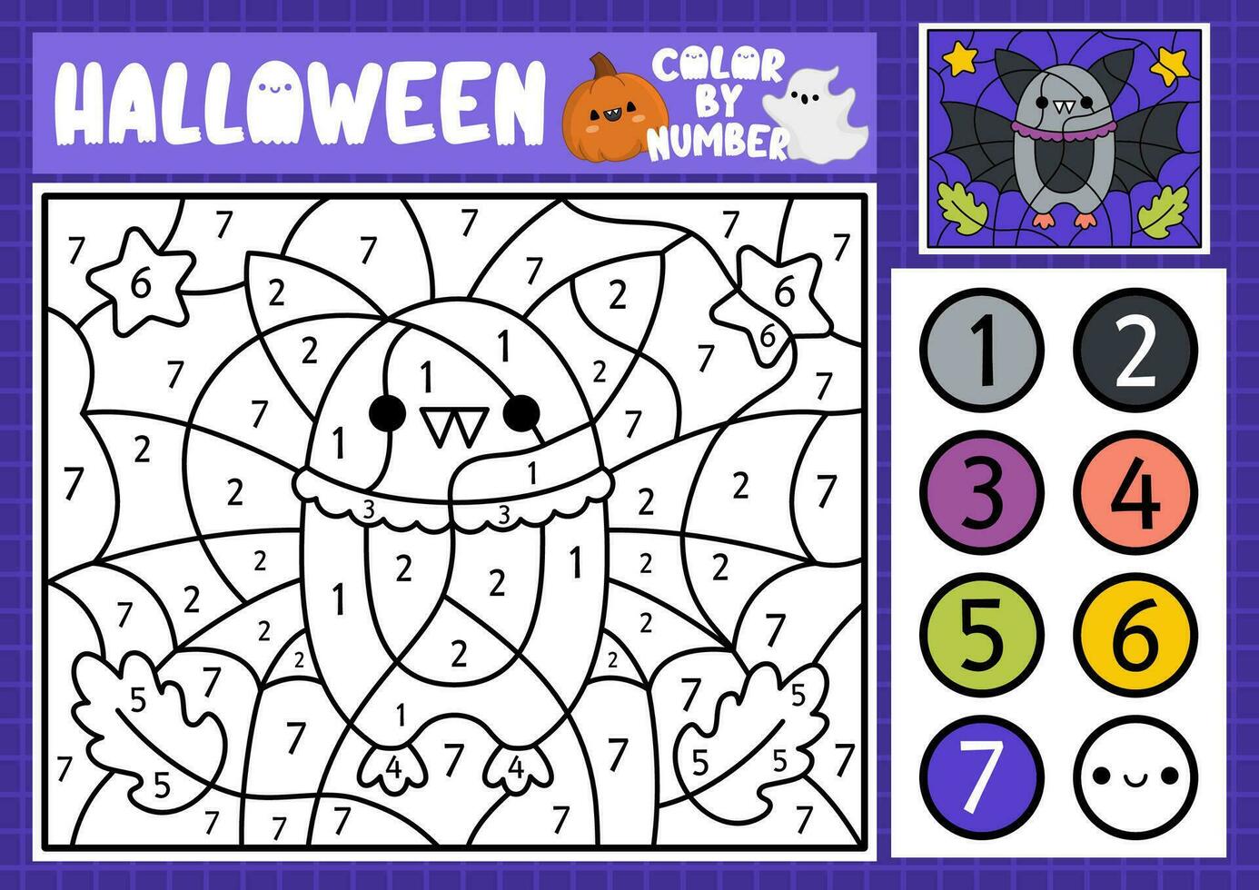 Vector Halloween color by number activity with cute kawaii bat. Autumn scary holiday scene. Black and white counting game with funny animal. Trick or treat coloring page for kids