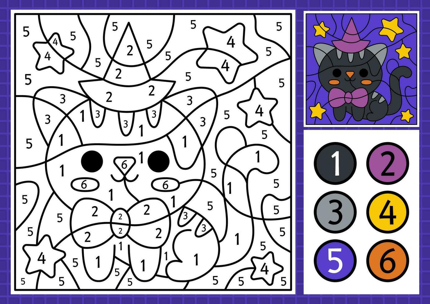 Vector Halloween color by number activity with cute kawaii cat. Autumn scary holiday scene. Black and white counting game with funny animal. Trick or treat coloring page for kids