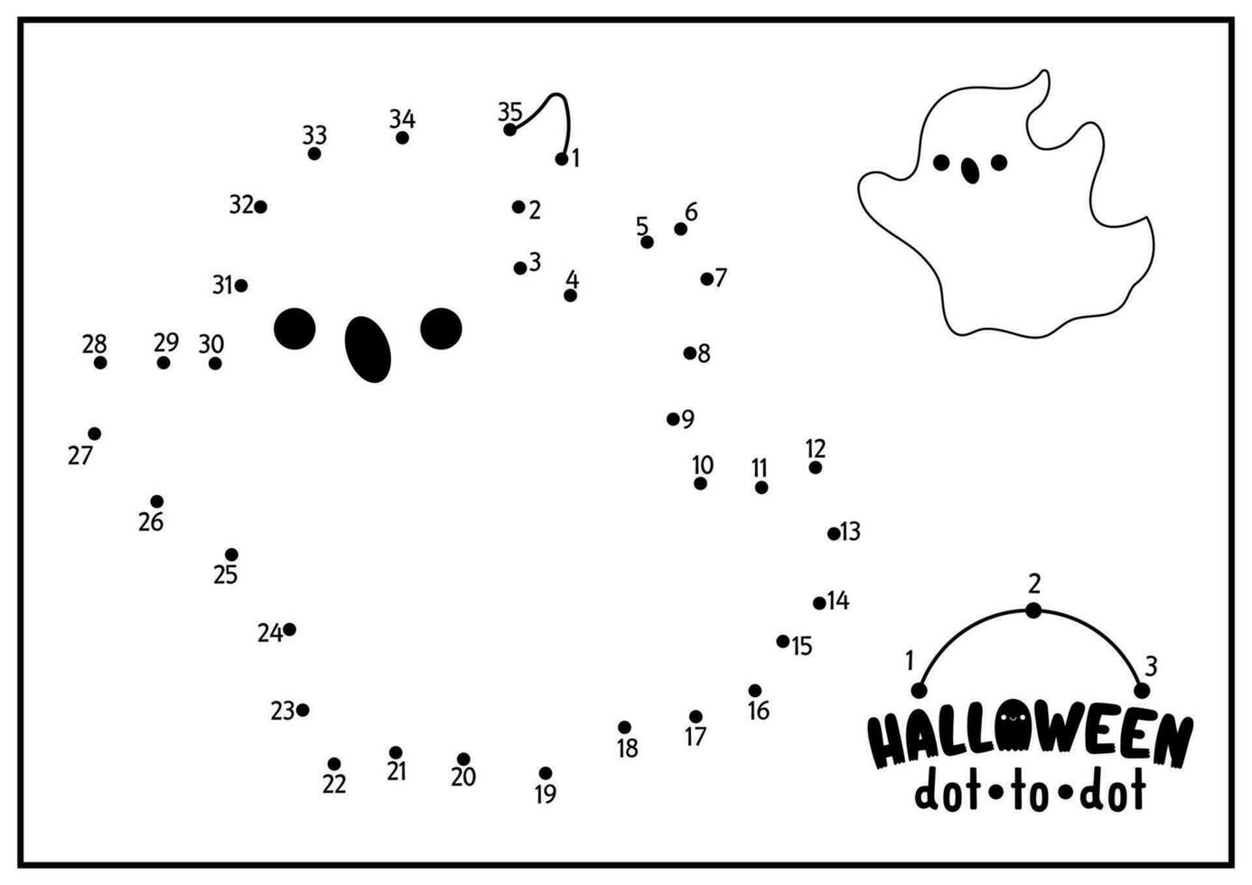 Vector Halloween dot-to-dot and color activity with cute kawaii ghost. Autumn holiday connect the dots game for children with funny spook. All saints day coloring page for kids. Printable worksheet