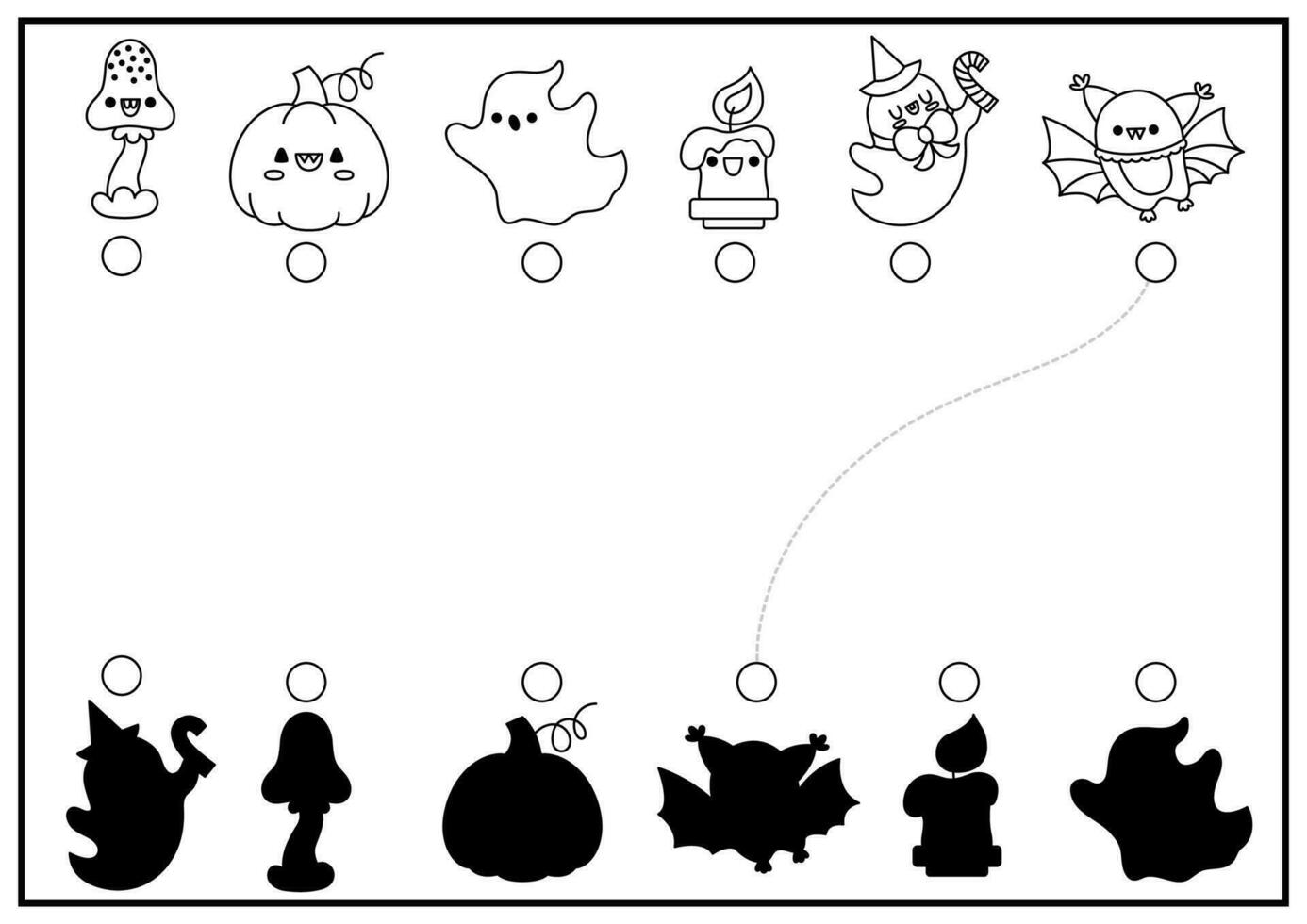 Halloween black and white shadow matching activity. Autumn holiday puzzle with cute kawaii symbols. Find correct silhouette printable worksheet. All saints day coloring page for kids vector