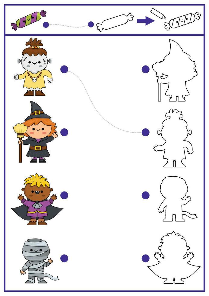 Halloween shape matching, coloring and drawing activity. Autumn holiday puzzle with cute kawaii witch, mummy, vampire. Find correct silhouette printable worksheet. All saints day page for kids vector