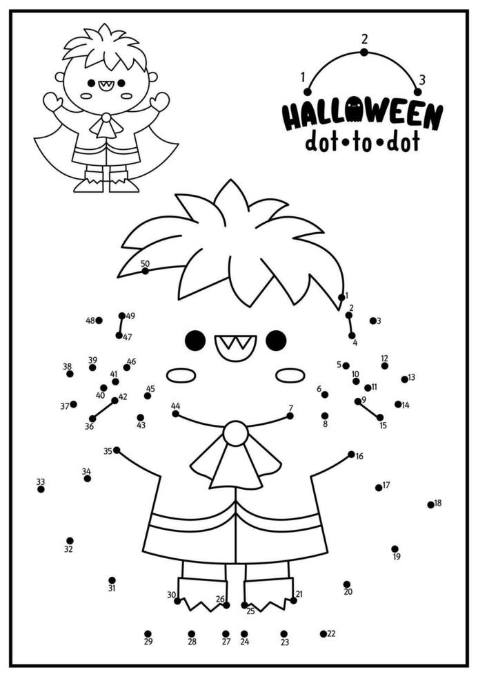 Vector Halloween dot-to-dot and color activity with cute kawaii vampire. Autumn holiday connect the dots game for children. All saints day coloring page for kids. Printable worksheet