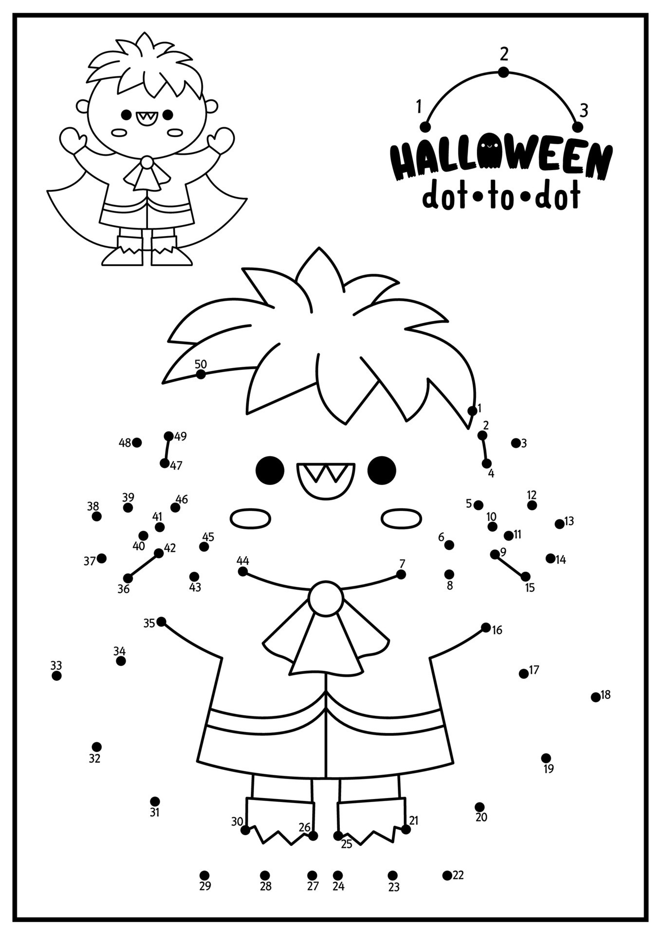 Vector Halloween dot-to-dot and color activity with cute kawaii vampire