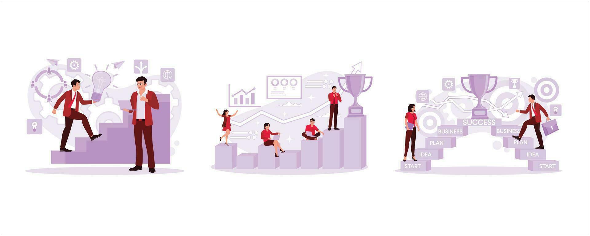 Businessman climbing the ladder, business people achieving career success, Young businessmen and women climbing the career ladder. Path to promotion concept. Set Trend Modern vector flat illustration
