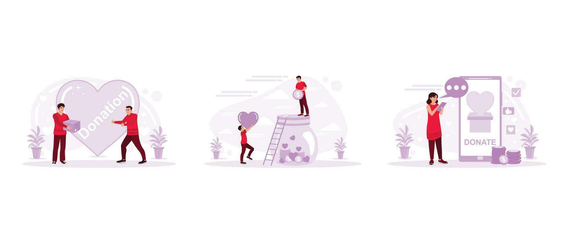 Volunteers make donations to people in need, People give and share love and money, and Donate money through online payments. Set Trend Modern vector flat illustration
