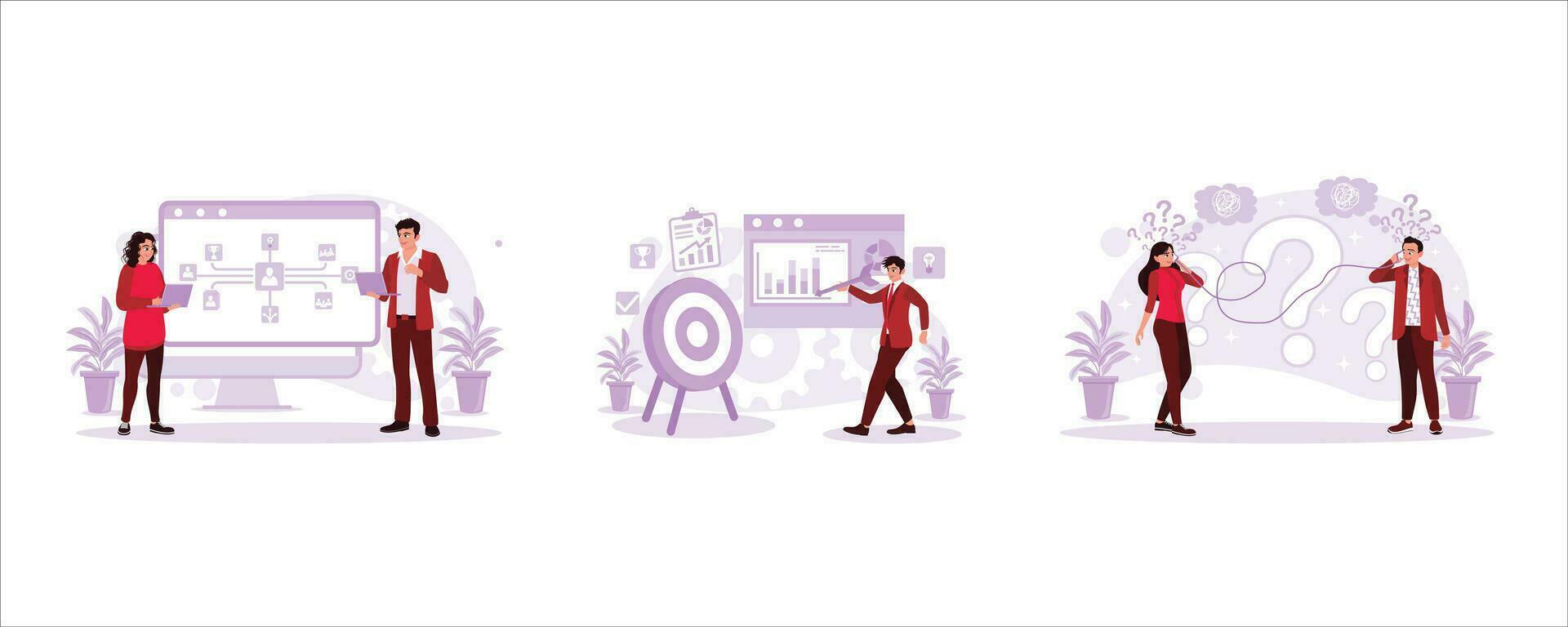 Meeting together using a computer, archery business people, men, and women experience communication problems. Meeting concept. Set Trend Modern vector flat illustration