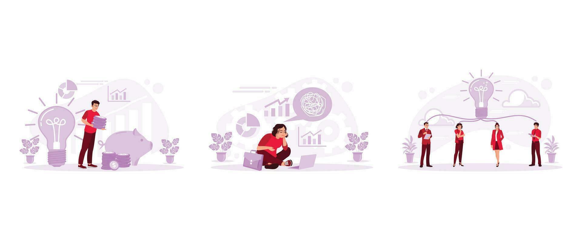 Businessman with hands holding piles of coins, Overworked business woman overworked, Team working on initial idea, business plan. Set Trend Modern vector flat illustration