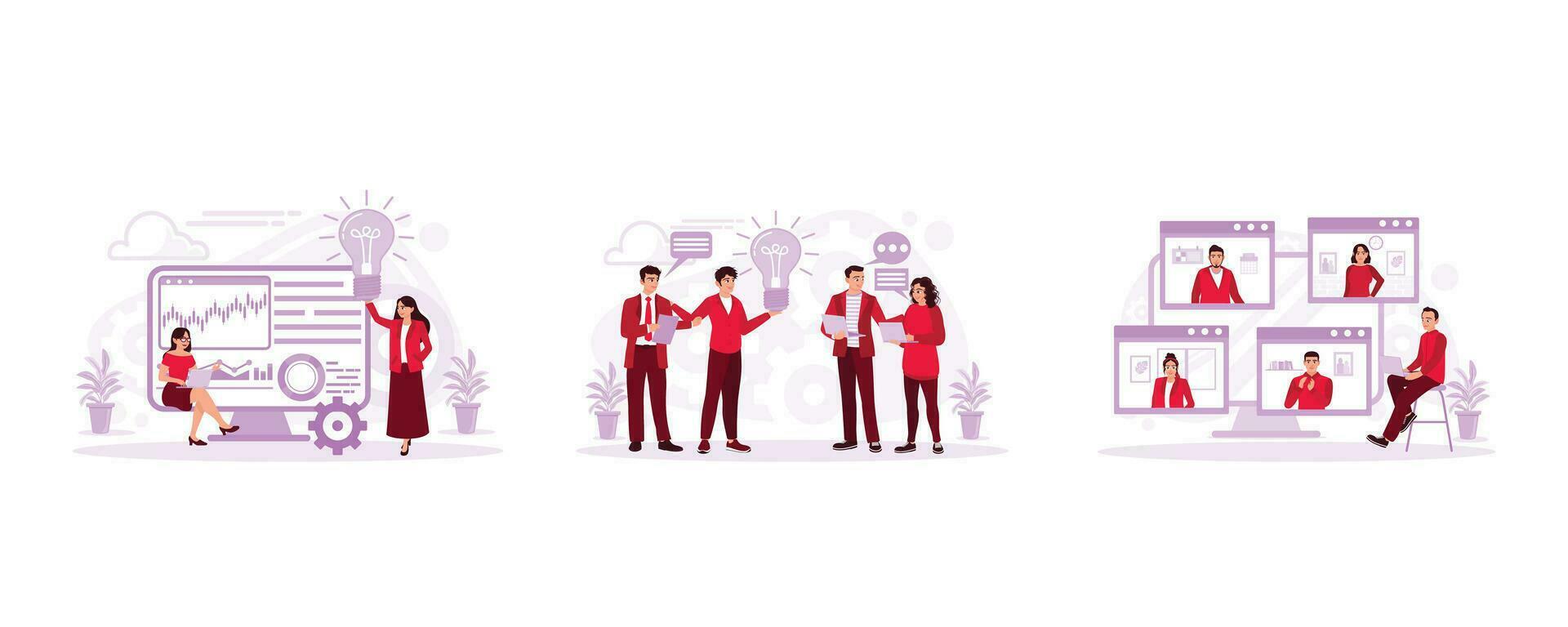 Two young businesswomen are discussing the presentation of a new startup project idea, a group of happy young businessmen meeting colleagues, and Business communication via the internet concept. vector