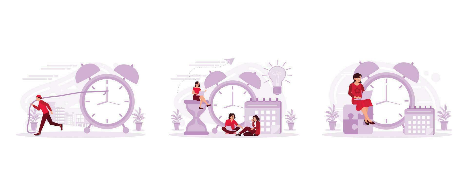 Business people pull the clock in the time management concept, small business people are in front of the watch, calendar, and giant hourglass, and businesswomen relax on the puzzle. vector