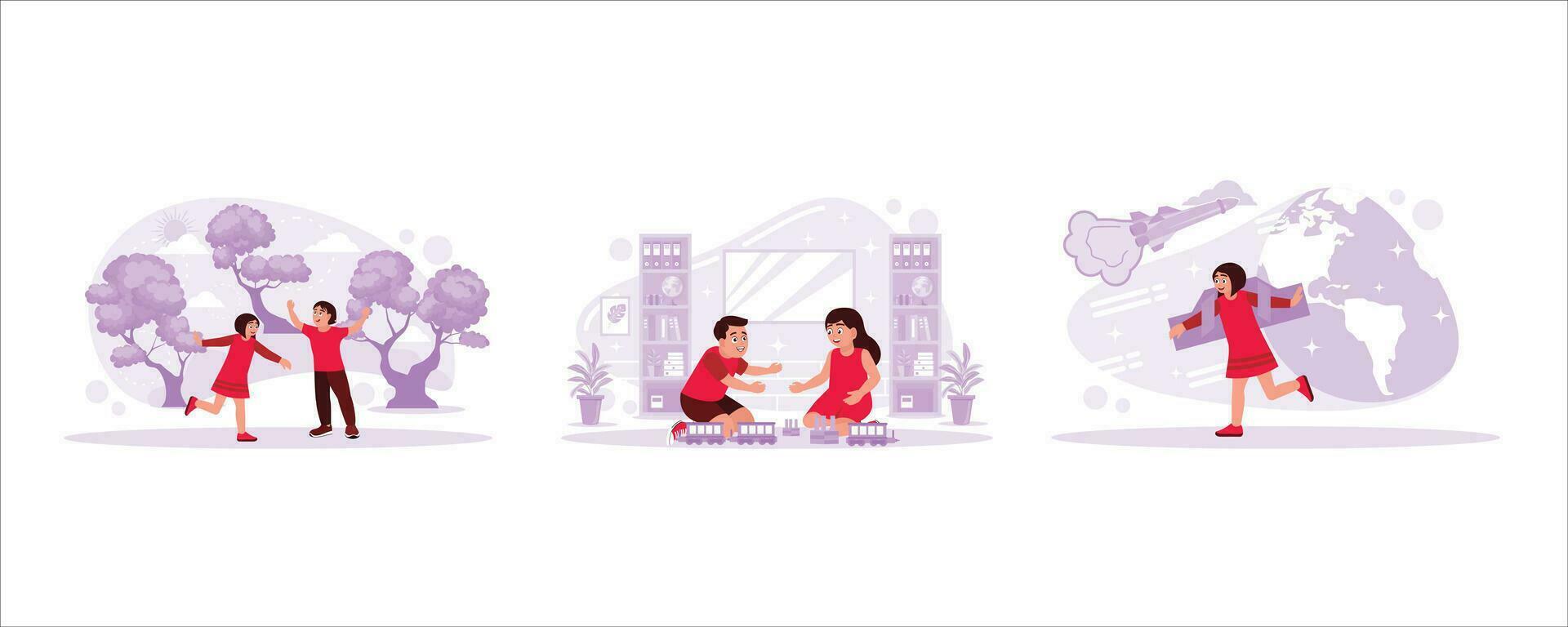 Children playing outdoors, children playing with trains and blocks, children playing with astronaut costumes. concept of Kids playing vector