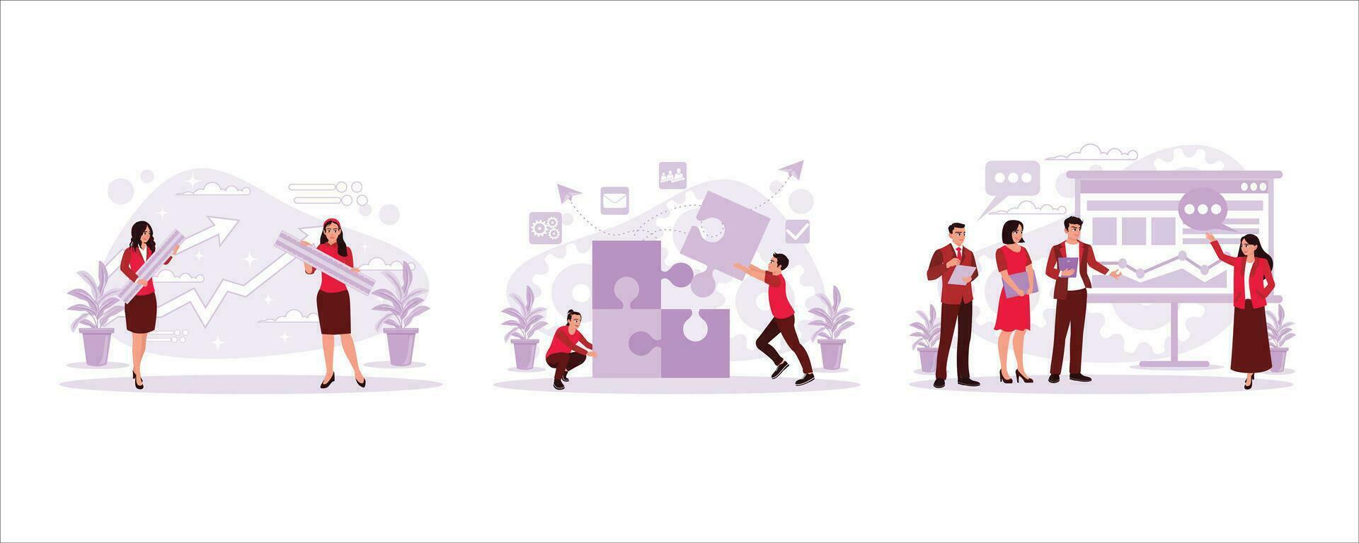 Woman carrying a ruler, Collaboration, two people in business connecting a jigsaw. Change management concept.Set Trend Modern vector flat illustration