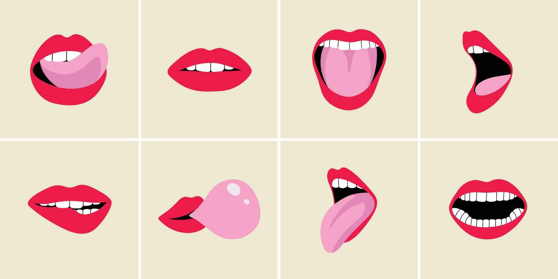 conjunto de abierto hembra humano boca, lengua, dientes en moderno departamento, línea estilo. mano dibujado vector ilustración de sexy labios, pega afuera, labio mordiendo, gritar, pasión. Moda parche, insignia, emblema, pegatina
