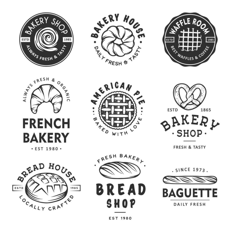 Set of vintage style bakery shop labels, badges, emblems and logo. Vector illustration. Monochrome graphic art with engraved design elements. Collection of linear graphic on white background.