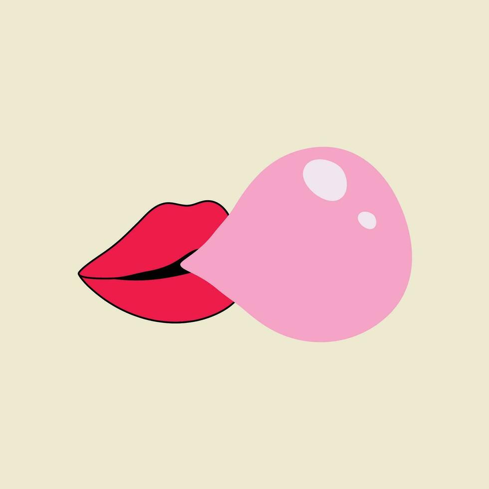 clásico 80s-90s elemento en moderno estilo departamento, línea estilo. mano dibujado vector ilustración de labios inflar masticación chicle. Moda parche, insignia, emblema.