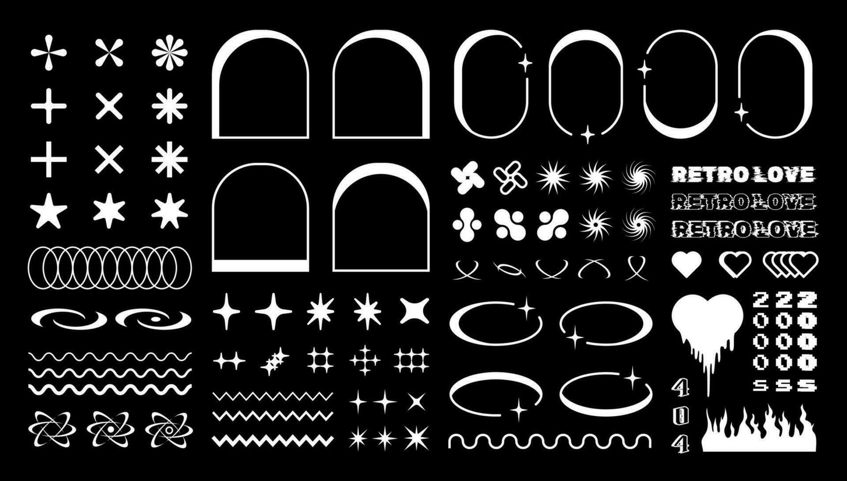 Retro shapes and frames, y2k graphic design elements, vector collection of 2000s graphic geometric forms, signs and symbols.