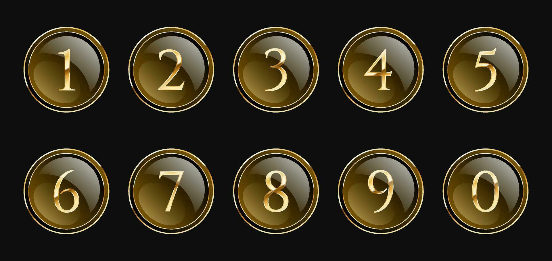 Set of golden luxury numbers, mathematical symbols in realistic vector golden style, in golden circles, glossy buttons.