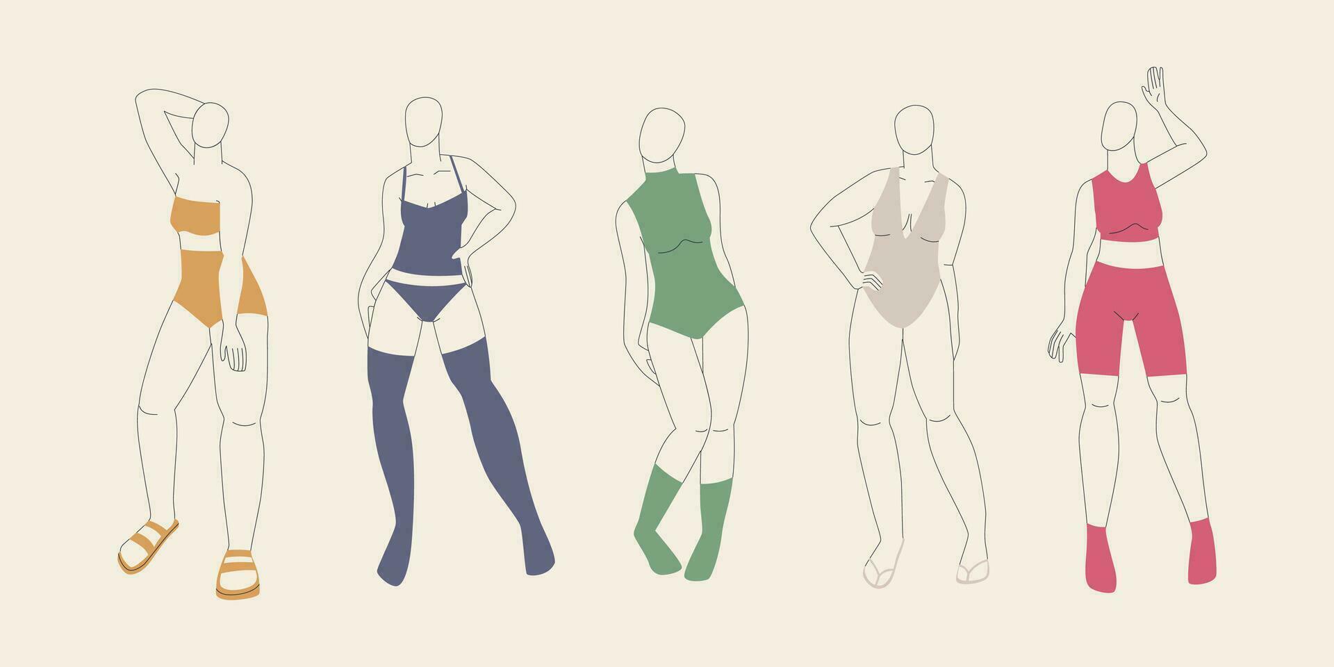 Young women showing swimsuits and underwear. Models on the catwalk posing for a photo. Vector minimalistic illustrations with lines.