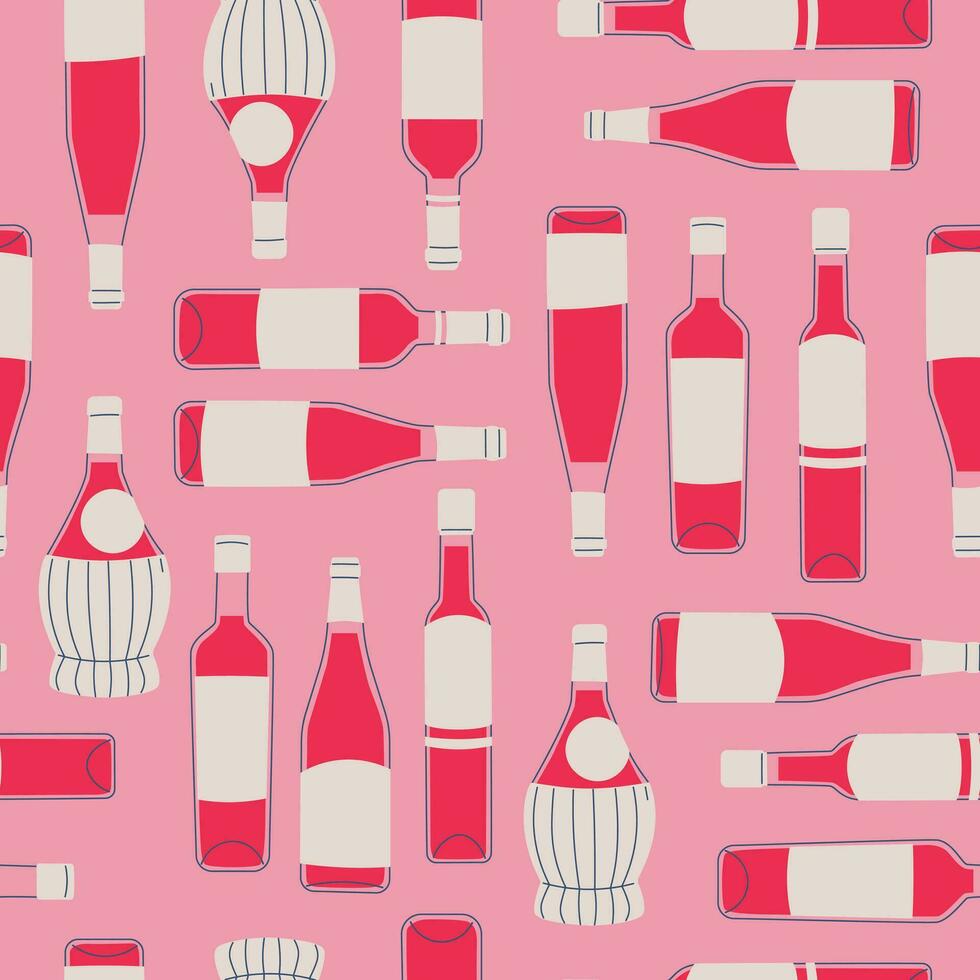 sin costura modelo con vino botellas varios vaso vino botellas son caóticamente repetido en un rosado antecedentes. vector impresión para diseño antecedentes, embalaje, impresión en papel y tela.