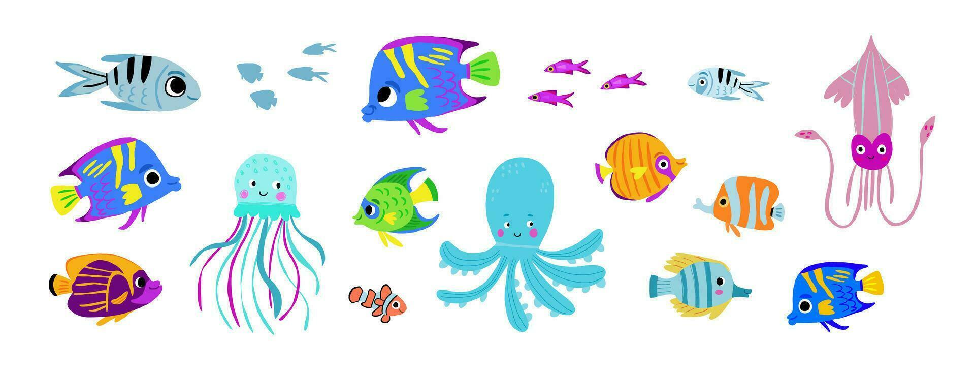 Mega collection of underwater fish and animals. Colorful fish, octopus, squid, jellyfish characters for children picture book or activity book. Cute underwater animals set vector
