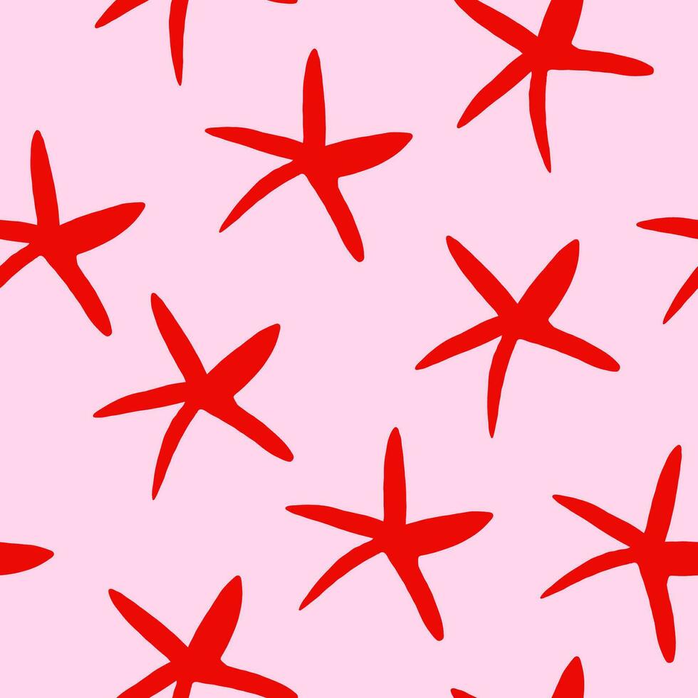 Vector seamless pattern with red starfish, sea stars on pink background. Simple ocean pattern with sea stars. Sea star, shell, starfish