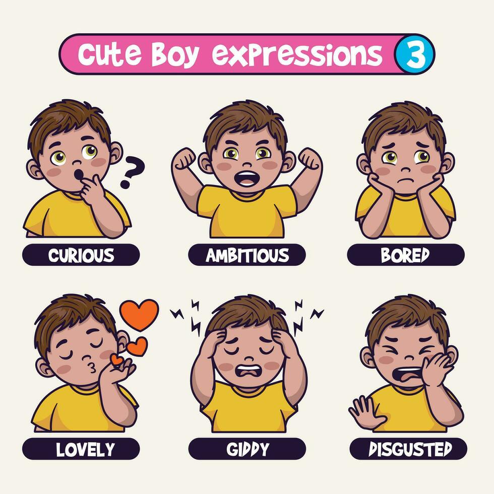 Cute boy in various expressions cartoon vector icon illustration. Hand drawn emotes element collection.