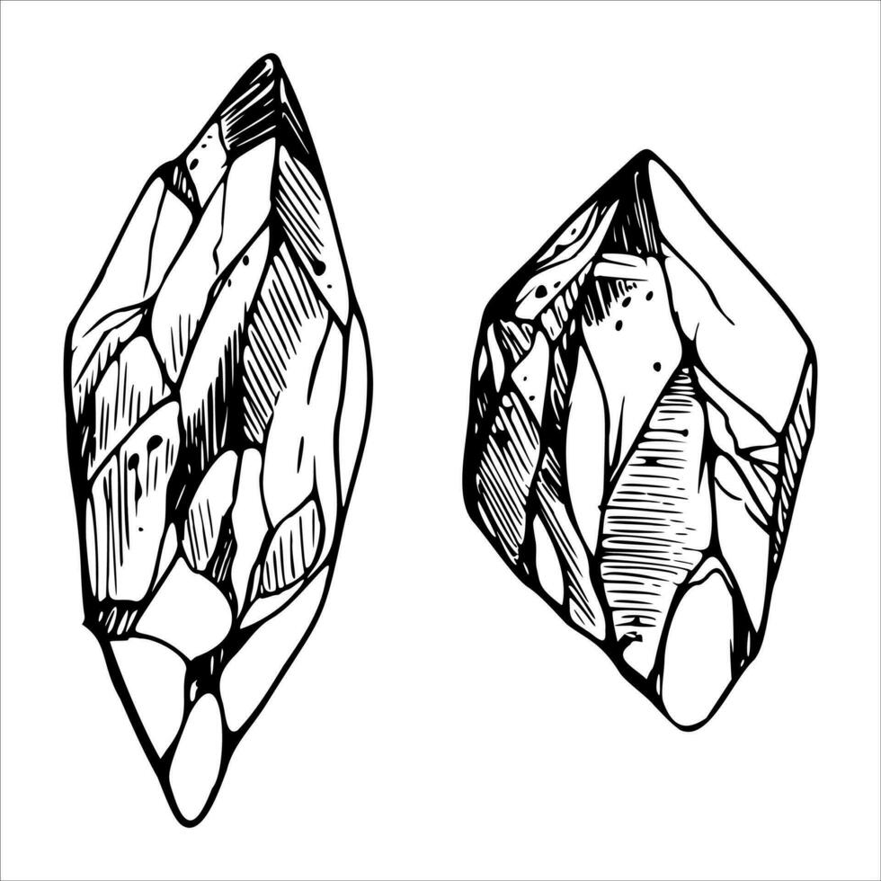 Hand drawn ink vector crystal gem stone mineral. Sketch illustration art for witchcraft, esoteric, jewellery, tattoo. Isolated object, outline. Design for shops, logo, print, website, card, booklet