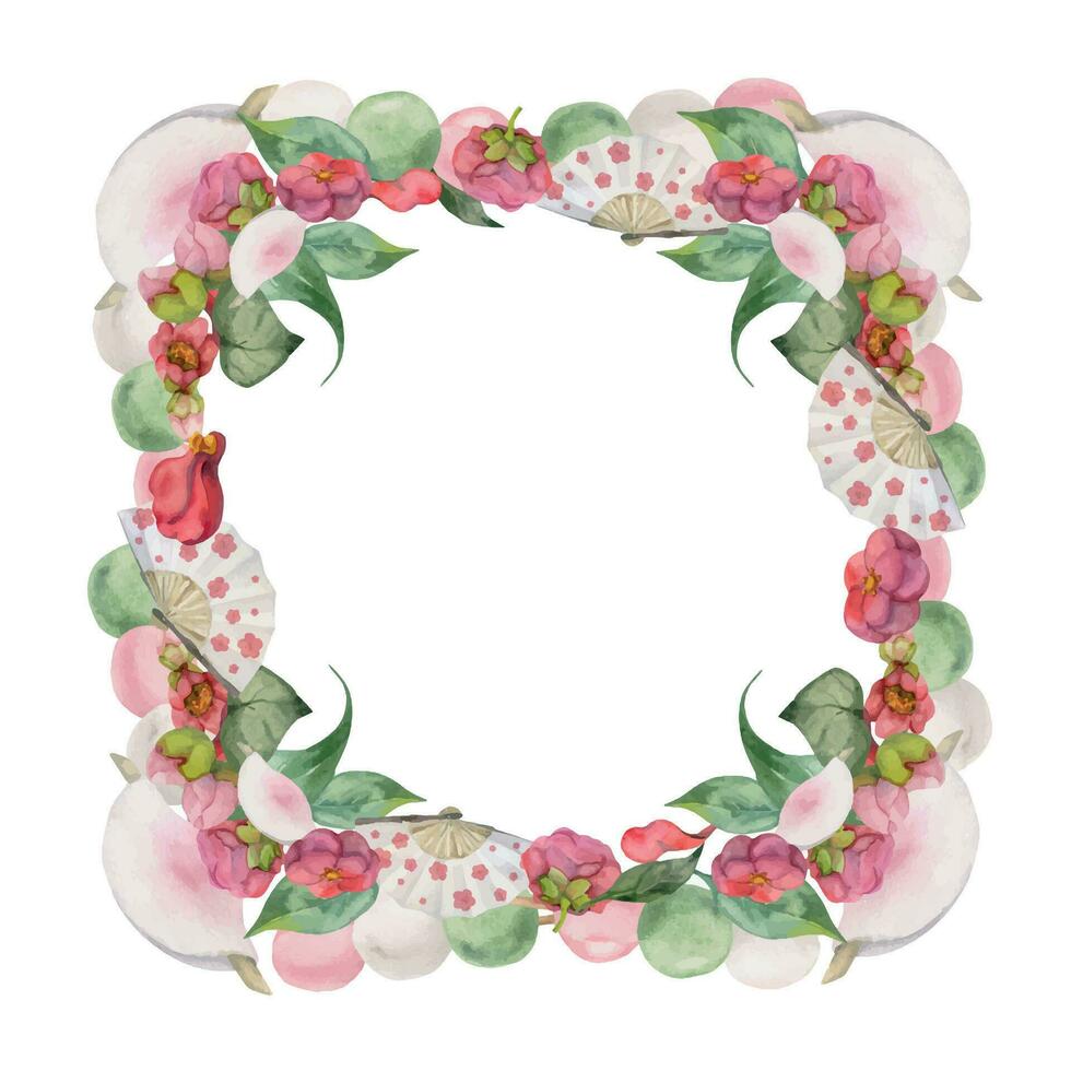 Watercolor hand drawn traditional Japanese sweets. Frame with winter wagashi and camellia. Isolated on white background. Design for invitations, restaurant menu, greeting cards, print, textile vector