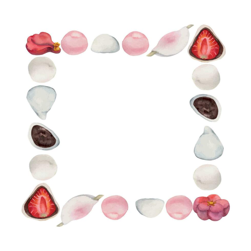 Watercolor hand drawn traditional Japanese sweets. Frame with winter wagashi and camellia. Isolated on white background. Design for invitations, restaurant menu, greeting cards, print, textile vector