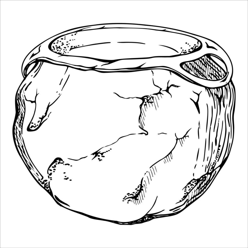 Hand drawn ink vector witch cauldron pot with fire. Sketch illustration art for witchcraft, medicine, chemistry, alchemy. Isolated object, outline. Design shops, logo, print, website, card, booklet