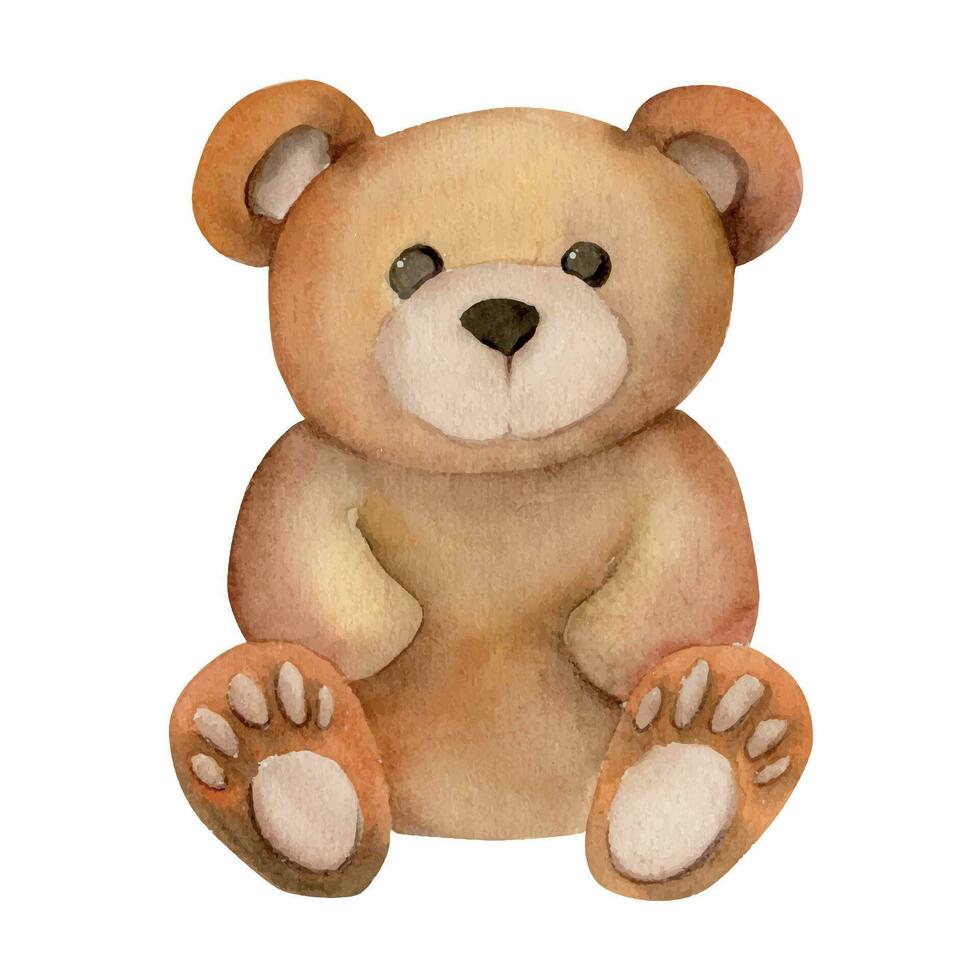 Hand drawn watercolor cute plush stuffed toy teddy bear, gift for kids children. Illustration single object isolated on white background. Design poster, print, website, card, invitation, shop brochure vector