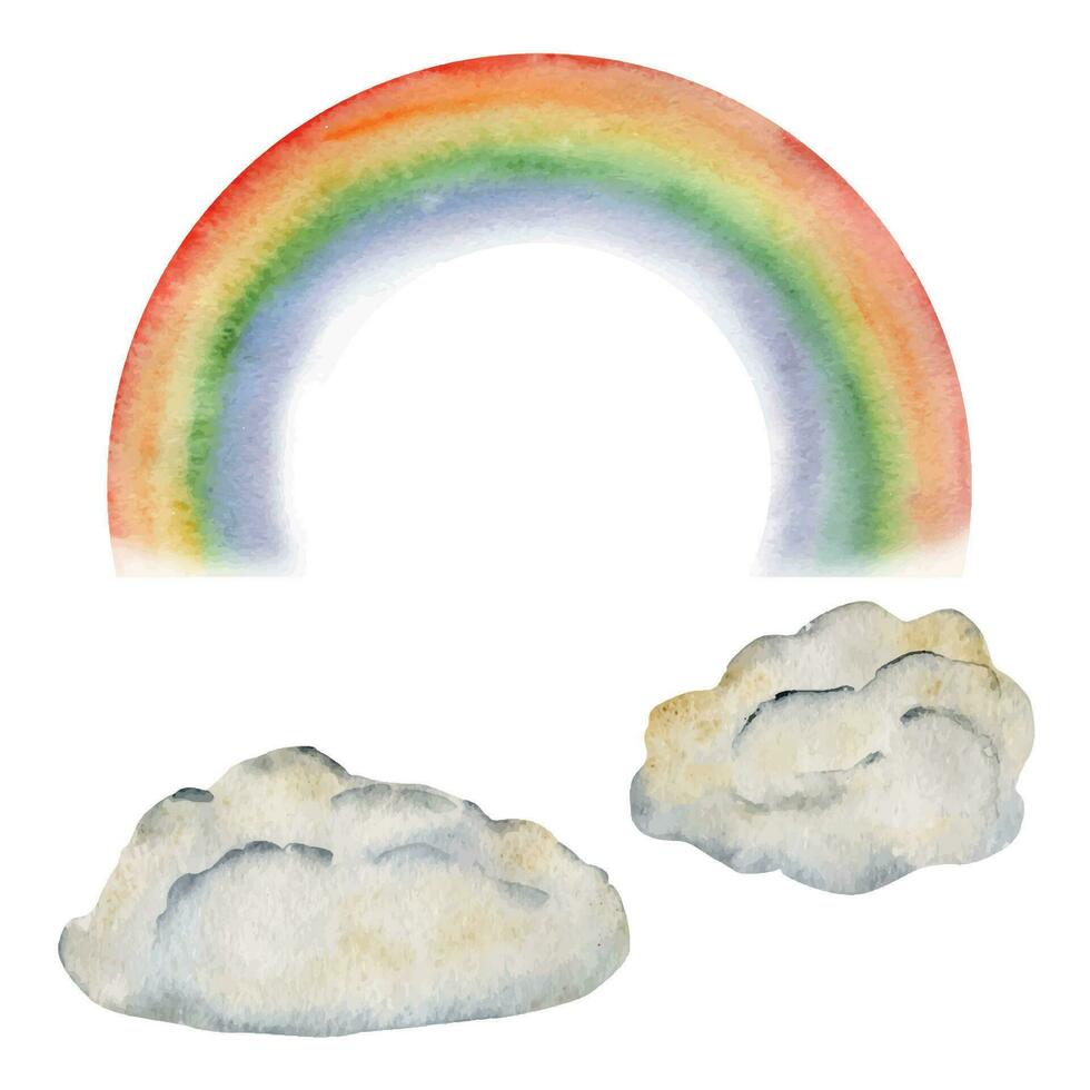 Watercolor hand drawn illustration, Saint Patrick holiday. Rainbow arc and fluffy clouds. Ireland tradition. Single element set Isolated on white background. For invitations, print, website, cards. vector