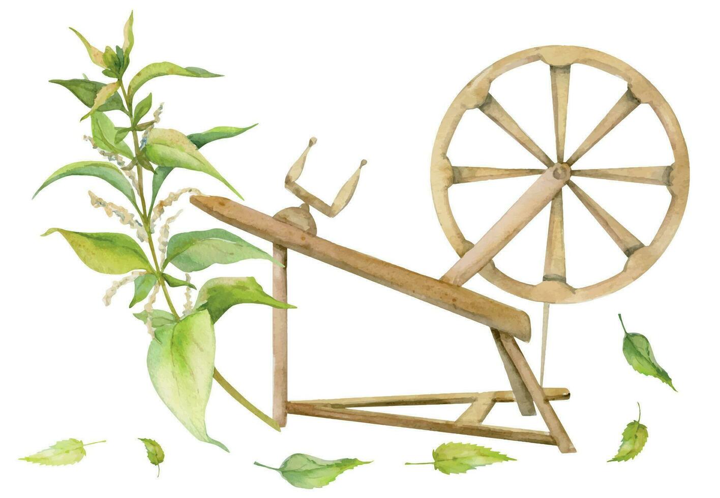 Hand drawn watercolor spinning wheel with nettle leaves on stalk. Natural plant. Botanical illustration isolated object composition on white background. For shop logo print, website, card, booklet. vector