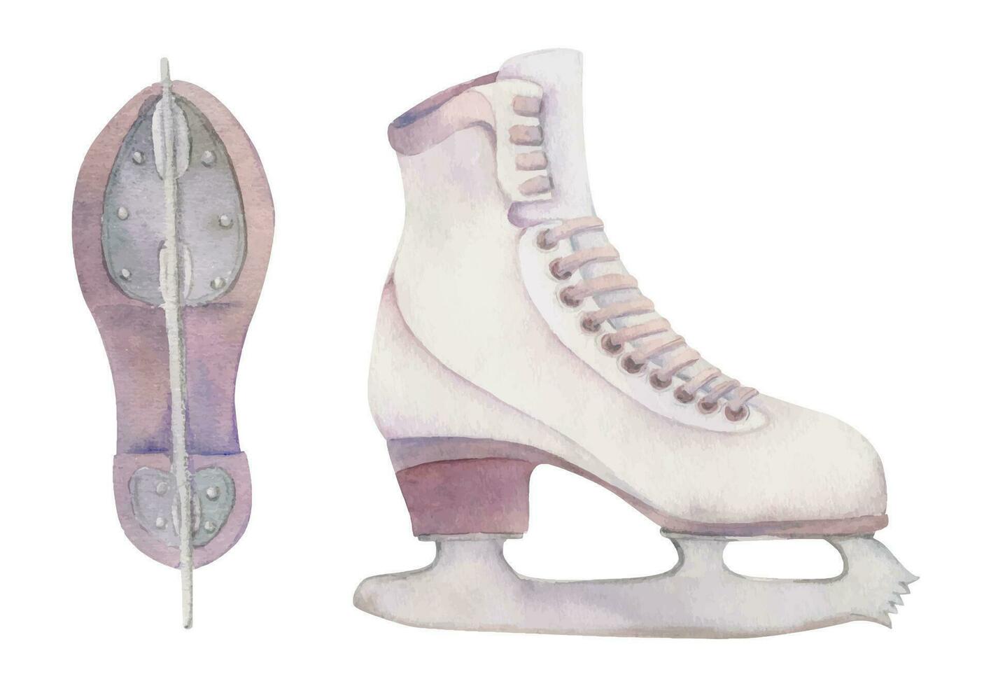 Hand drawn watercolor figure skating boots, winter sports footwear, gear equipment. Illustration isolated object, white background. Design for poster, print, website, card, invitation, shop brochure vector